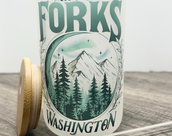 Forks Washington. Frosted glass tumbler. Iced coffee cup. Twilight.city of Forks. New moon. Holiday gift.Gift for her. Gift for him. Can cup