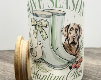 Frosted glass can cup. Iced coffee cup. Holiday gifts. Dove season. Hunting dog. Camo bow. Boots. Country girl. Country. Gifts. 16oz tumbler