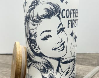 Iced coffee cup. Frosted glass cup. Funny coffee cup. sarcastic. Holiday gifts. Vintage. Retro. 16oz tumbler. Cup with lid and straw. 16oz