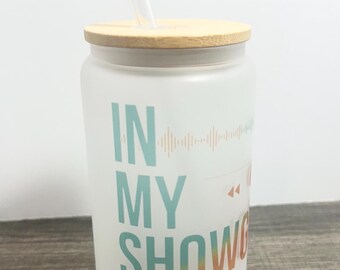 Showgirl Era Frosted Glass Can Cup, Bamboo Lid & Straw
