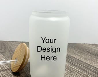 Custom designed tumbler. Personalize. Holiday gifts. Frosted glass cup. Iced coffee cup. 16oz. Glass tumbler. Your design. Glass coffee cup
