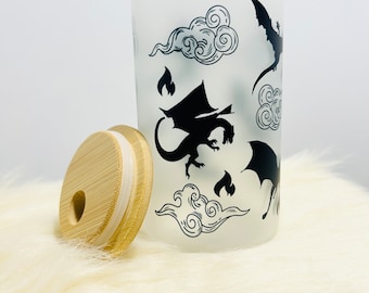 Dragons. Fantasy dragons. Frosted glass cup. Gift for him. Gift for her. Glass Tumbler with lid and straw. Dragon tumbler. Anime dragons