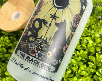The black dog Frosted glass cup. Iced coffee cup. Holiday gifts. Tarot card. 16oz tumbler. Gift for her. Gift for him.
