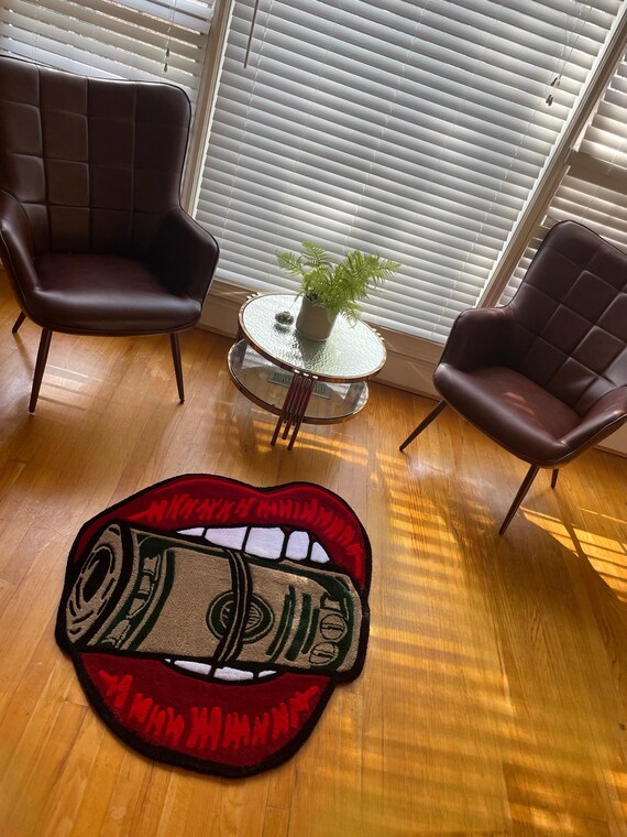 Taste of Money Rug - 100% handmade, red lips with money
