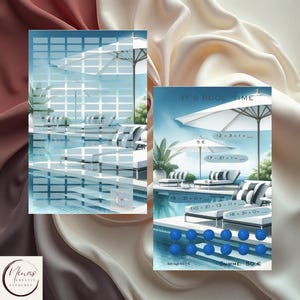 Könnte beinhalten: Zwei digitale Kunstdrucke mit einer Poolszene mit Liegestühlen, Sonnenschirmen und dem Text "IT'S POOL TIME". Die Drucke haben ein blaues und weißes Farbschema und erzeugen eine entspannte, sonnige Atmosphäre.