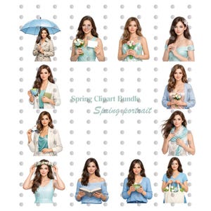 Könnte beinhalten: Eine digitale Kunstsammlung mit dem Titel "Spring Clipart Bundle" mit Illustrationen von Frauen in verschiedenen Frühlingsumgebungen. Die Frauen werden mit Blumen, Büchern und Accessoires in einer weichen Pastellfarbpalette dargestellt. Der Satz "Spring portrait" ist ebenfalls enthalten.