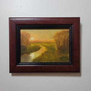 Framed Sunset Oil Painting - Small Original 5x7 inches oil on canvas, landscape artwork, nature wall decor