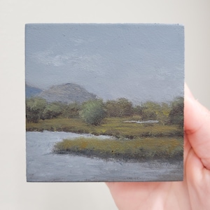 Può includere: Un piccolo dipinto di un paesaggio con un fiume, alberi verdi e una catena montuosa in lontananza sotto un cielo nuvoloso.