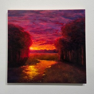 Luminous Sunset Painting - 12x12 oil painting on wood panel, original artwork, glowing trees art, nature wall decor, hand-painted art
