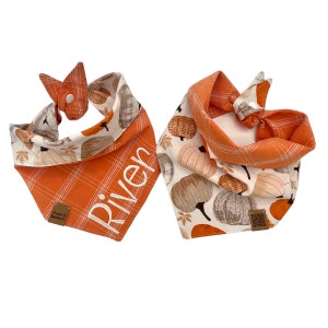 Pumpkin Dog Bandana Reversible Personalized Embroidered Pet Name Orange Plaid Dog Bandana Tie On & Snap Autumn Fall Dog Scarf Puppy Gift