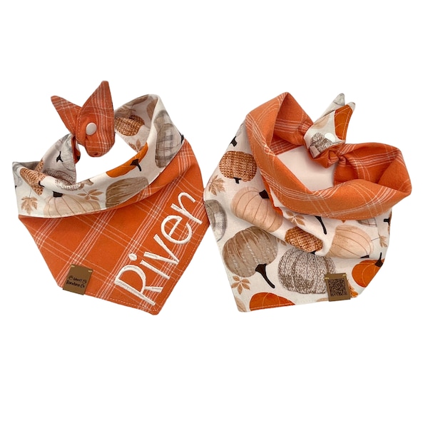 Pumpkin Dog Bandana Reversible Personalized Embroidered Pet Name Orange Plaid Dog Bandana Tie On & Snap Autumn Fall Dog Scarf Puppy Gift