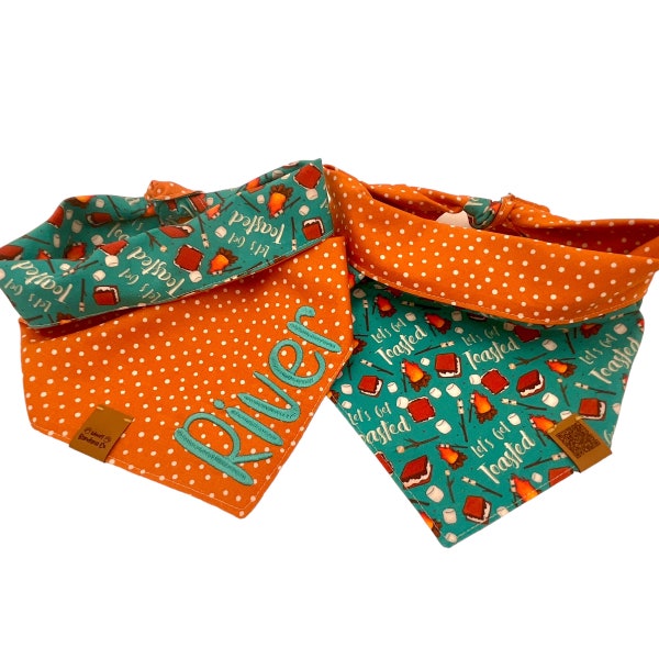 Camping Dog Bandana Personalized Dog Bandanas S'mores Campfire Outdoor Tie Snap Dog Scarf Pet Name Item Gift Orange Blue Reversible Bandana