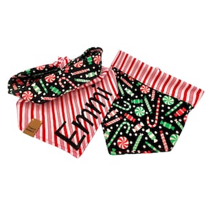 Christmas Dog Bandana Personalized Reversible Embroidered Pet Name Red Green Holiday Dog Bandana Tie & Snap Candy Cane Dog Scarf Puppy Gift