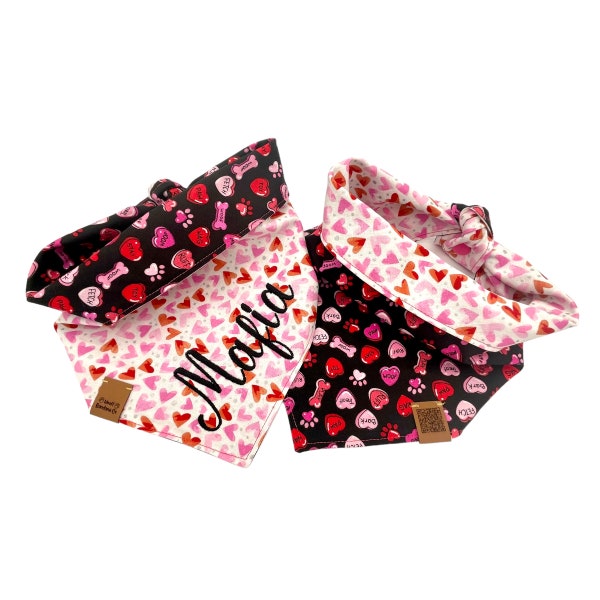 Valentines Dog Bandana Personalized Reversible Embroidered Pet Name Hearts Valentines Day Pink Black Dog Bandana Tie & Snap Scarf Puppy Gift