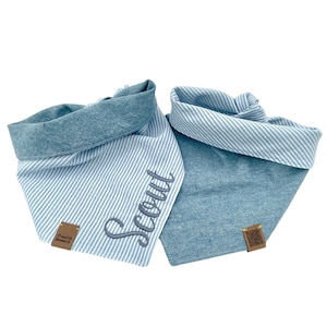 Bandana en seersucker pour chien personnalisé rayé bleu clair chambray bandanas pour chien cravate et bouton-pression écharpe pour chiot petit grand réversible animal de compagnie cadeau