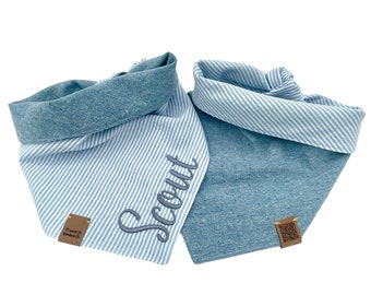 Seersucker Dog Bandana Personalized Striped Light Blue Chambray Dog Bandanas Tie & Snap Puppy Neck Scarf Small Big Reversible Pet Gift Item