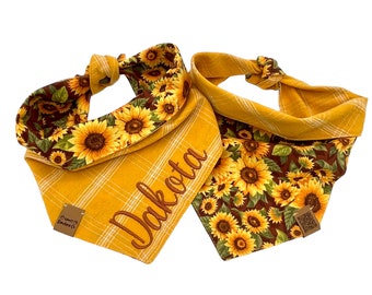 Dog Bandana Fall Sunflowers Reversible Plaid Personalized Embroidered Pet Name Yellow Dog Bandana Tie On & Snap Autumn Dog Scarf Puppy Gift