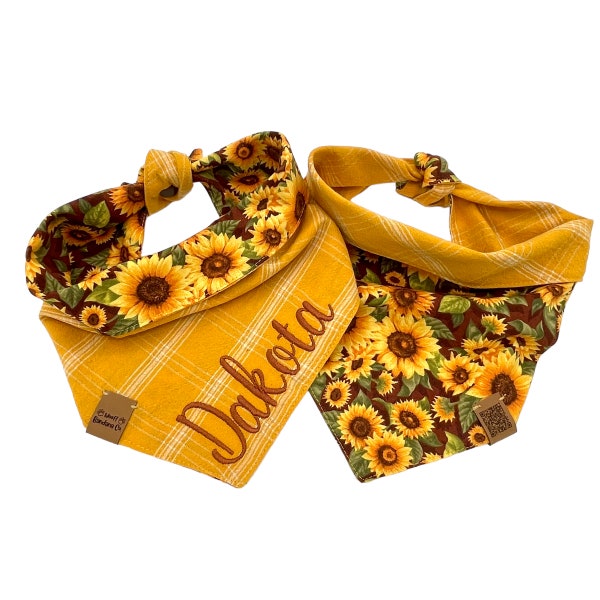 Dog Bandana Fall Sunflowers Reversible Plaid Personalized Embroidered Pet Name Yellow Dog Bandana Tie On & Snap Autumn Dog Scarf Puppy Gift