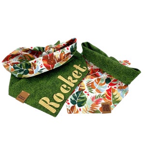 Dog Bandana Reversible Personalized Embroidered with Name Summer Pet Neckerchief Tropical Print Tie on & Snap Dog Scarf Boy Dog Bandanas