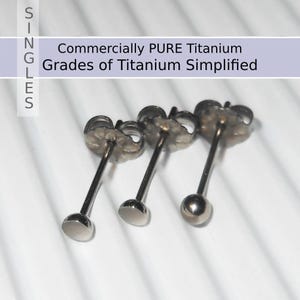 May include: Three titanium stud earrings with different head shapes: flat disc, rounded disc, and a ball. The text "Commercially PURE Titanium Grades of Titanium Simplified" is above the earrings. The word "SINGLES" is on the left side.
