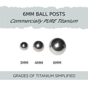 May include: Three silver-colored metal ball posts in 3mm, 4mm, and 6mm sizes. The text reads 6MM BALL POSTS, Commercially PURE Titanium, 3MM, 4MM, 6MM, and GRADES OF TITANIUM SIMPLIFIED. These spherical components are arranged horizontally.