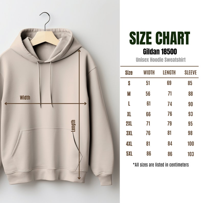 Op de afbeelding: Maattabel voor een beige unisex hoodie sweatshirt. De tabel toont de breedte, lengte en mouwlengte in centimeters voor maten S tot en met 5XL.