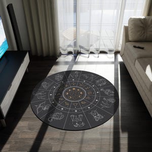 星座占星術チャートラウンドラグ、星占いシンボルホームデコレーション、天文学的な部屋の装飾、星座ラグ、スピリチュアルホームデコレーション、タロットリーディングラグ