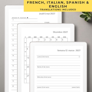 May include: Three digital tablet screens displaying planner pages with black text on white backgrounds. The screens show various calendar layouts, including weekly schedules with lined entries for dates in May and March 2027, and a monthly grid for December 2027.