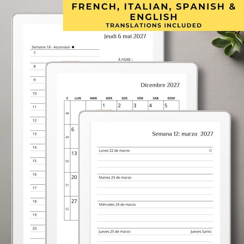 May include: Three digital tablet screens displaying planner pages with black text on white backgrounds. The screens show various calendar layouts, including weekly schedules with lined entries for dates in May and March 2027, and a monthly grid for December 2027.
