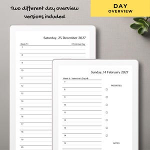 May include: Two digital tablet screens displaying day overview planner templates. One screen shows Saturday, 25 December 2027 with hourly slots from 7 to 20. The other shows Sunday, 14 February 2027 with hourly slots, a priorities checklist, and notes section.