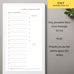 May include: A digital daily planner page titled Day Overview #2 for Sunday, February 14, 2027. It features an hourly schedule from 7 to 20, a priority checklist, and a notes section. The text includes Day schedule from 7:00 through 20:00 PLUS Priority to-do list Extra space for notes.