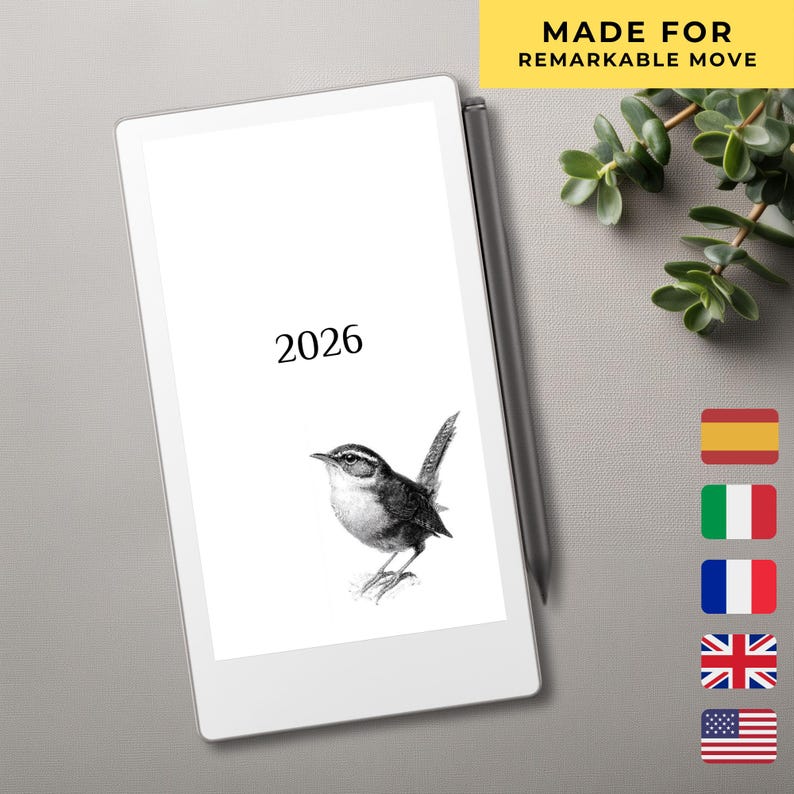 May include: A digital tablet with a white screen displaying the text 2026 and a black and white illustration of a small bird. A gray stylus is attached to the side of the tablet. The screen includes the text MADE FOR REMARKABLE MOVE.