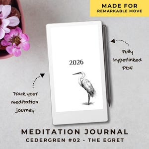 Puede incluir: Un diario de meditación digital blanco con el año 2026. El diario presenta una ilustración detallada de una garza y el texto "MEDITATION JOURNAL". Un lápiz óptico descansa junto al diario. También se ve el texto "Track your meditation journey".