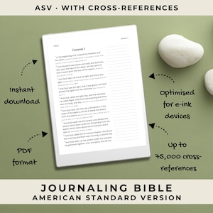 May include: A digital tablet displays text from Genesis 1, part of the American Standard Version of the Bible. The image includes the text "Instant download" and "PDF format." The product is optimized for e-ink devices and has up to 75,000 cross-references.