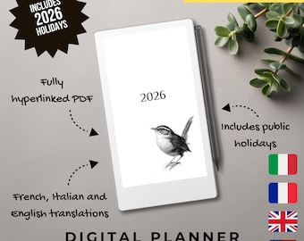 2026 Digital Planner for reMarkable Paper Pro Move | Hyperlinked PDF | Daily Weekly Monthly Yearly | E-Ink Planner | English French Italian