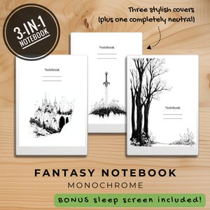 May include: Three black and white notebook covers with different fantasy illustrations. The covers feature a castle, a sword, and trees. The text "3-IN-1 NOTEBOOK" and "FANTASY NOTEBOOK MONOCHROME" is visible.