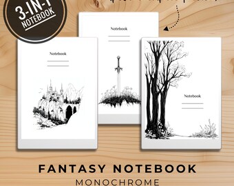 Notebook for reMarkable Paper Pro & 2, Onyx Boox, E-ink custom monochrome template, rMPP, fantasy design, PDF, PNG, margin, ruled, lines