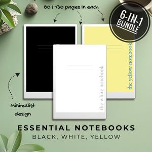 Op de afbeelding: Een 6-in-1 bundel met essentiële notitieboekjes in zwart, wit en geel. Elk notitieboekje heeft 80 of 130 pagina's en een minimalistisch ontwerp.