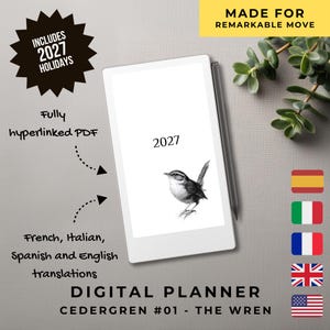 Può includere: Un'agenda digitale per Remarkable Move con un calendario 2027 e un'illustrazione di uno scricciolo. Il dispositivo include uno stilo, un PDF completamente collegato tramite collegamenti ipertestuali e il testo Includes 2027 Holidays, French, Italian, Spanish and English translations.