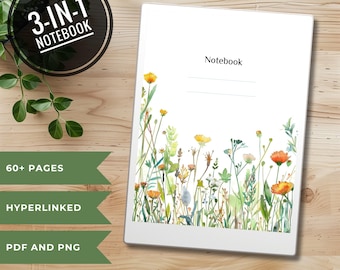 Notebook for reMarkable Paper Pro, Onyx Boox, E-ink custom color template, rMPP, summer, flower design, PDF, PNG, margin, ruled, lines