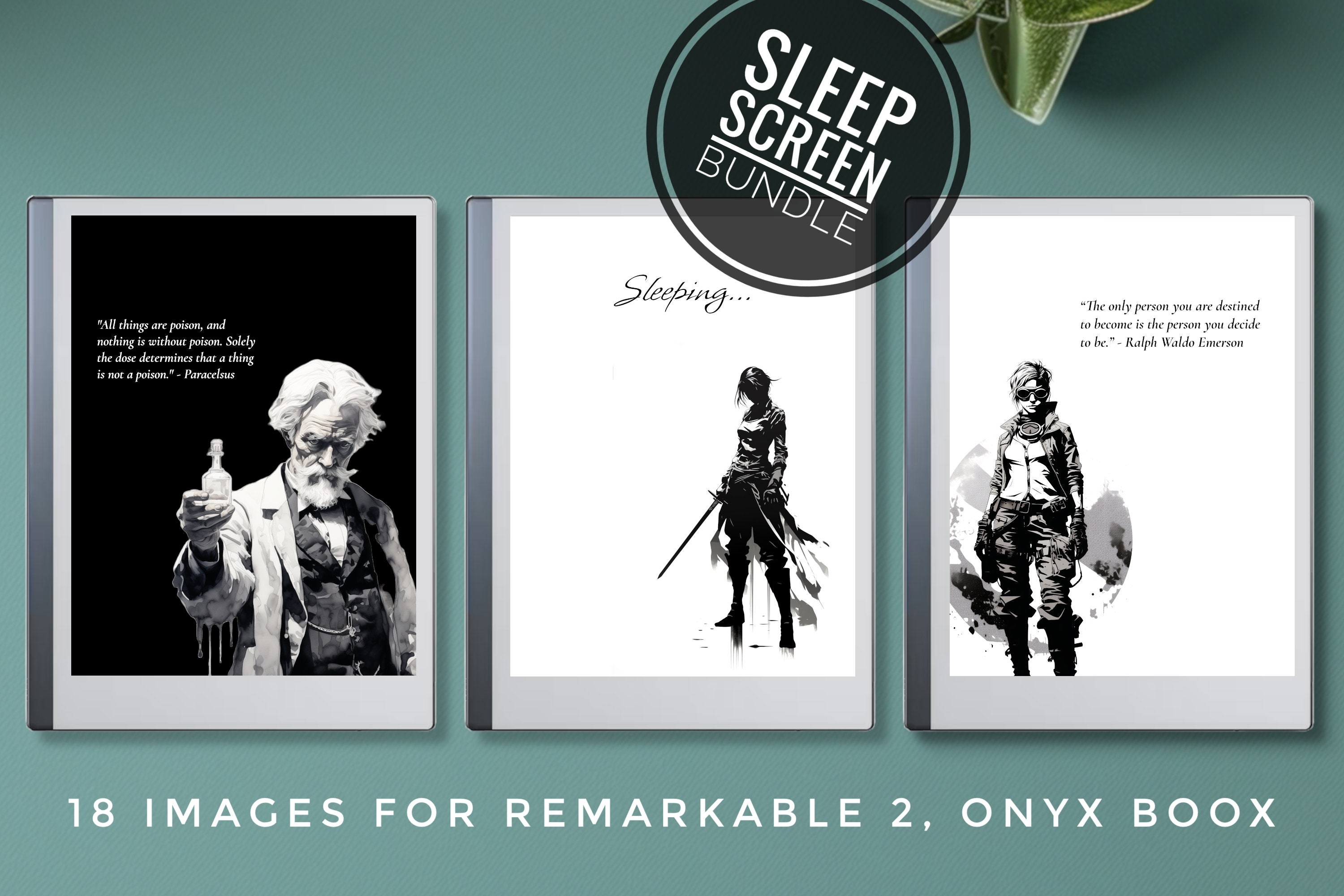 Screensavers for Remarkable, rM2, Onyx Boox - 18 Images Bundle - Custom Sleep Screen/Screensaver/Power Off Screen, Quotes, Warrior, Strength