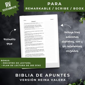 Op de afbeelding: Een digitale Bijbel weergegeven op een tablet, met de tekst "Genesis 1" in het Spaans. De afbeelding bevat de tekst "RV TEXTO COMPLETO", "Formato PDF" en "BIBLIA DE APUNTES VERSIÓN REINA VALERA". Extra tekst geeft aan dat het product drie edities bevat.