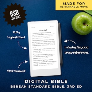 May include: Digital Bible on a white tablet with a stylus, featuring text from Genesis 1. Includes 30,000 cross-references, fully hyperlinked, and available in PDF format. The text "Made for Remarkable Move" is at the top.
