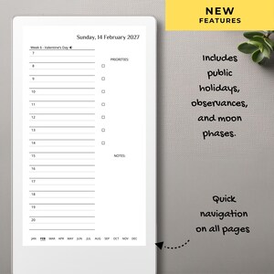 May include: A digital daily planner page for Sunday, 14 February 2027, featuring an hourly schedule from 7 to 20, a priorities list with checkboxes, and a notes section. The bottom displays month navigation from Jan to Dec. Text includes NEW FEATURES.