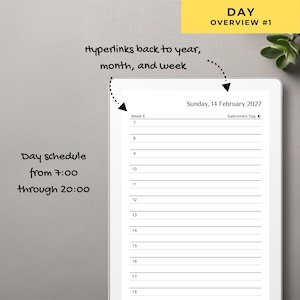 May include: A digital tablet screen displaying a day overview planner page for Sunday, 14 February 2027. The layout includes a schedule from 7:00 through 20:00, Week 6, and Valentine's Day. Text annotations indicate hyperlinks back to year, month, and week.