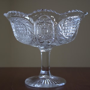 Puede incluir: Un cuenco de cristal transparente con pedestal, borde festoneado y un diseño intrincado de cristal tallado. El cuenco está sobre una superficie de madera.