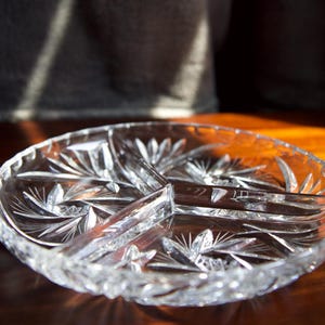 Vintage Bohemian Sparkle! Handcut Lead Crystal Divided Relish Dish | Star & Pinwheel Pattern | Clear Glass Elegance