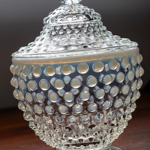 Vintage Fenton French Opalescent Hobnail Candy Dish (or Compote) with Lid — Classic Collectible Opalescent Glass