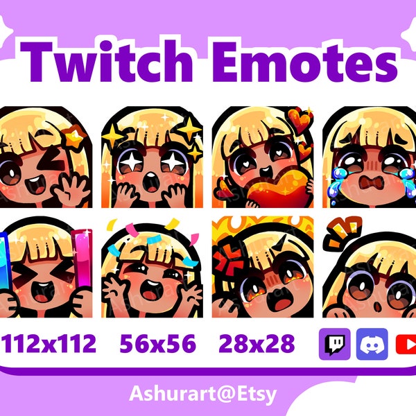 Cute Chibi Girl Twitch, YouTube, Discord Emote Pack / Straight Blond Hair, Bangs, Brown Eyes, Tan Skin / Kawaii, Anime, Premade Stream Set