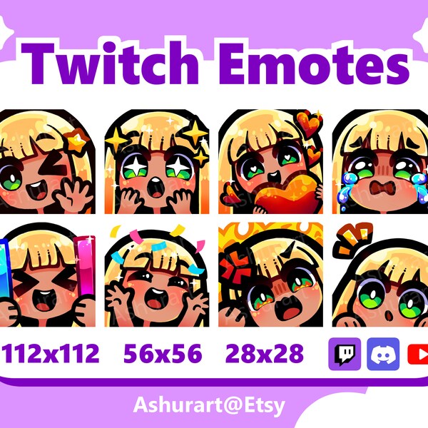 Cute Chibi Girl Twitch, YouTube, Discord Emote Pack / Straight Blond Hair, Bangs, Green Eyes, Tan Skin / Kawaii, Anime, Premade Stream Set